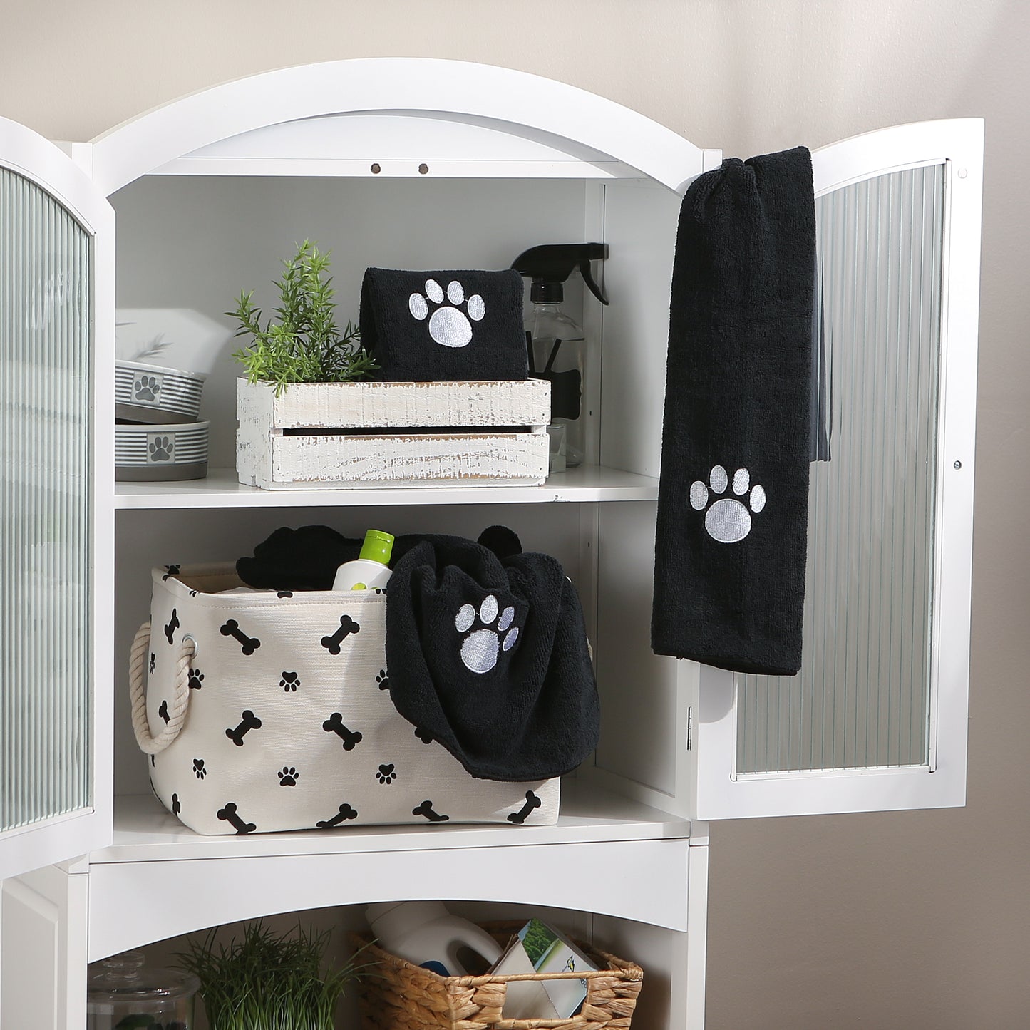 Bone Dry Small Pet Towel Set - 3 Pack - Embroidered Paw, Black, 15x30"