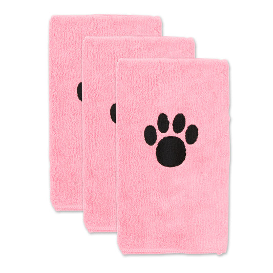 Bone Dry Small Pet Towel Set - 3 Pack - Embroidered Paw, Pink, 15x30"