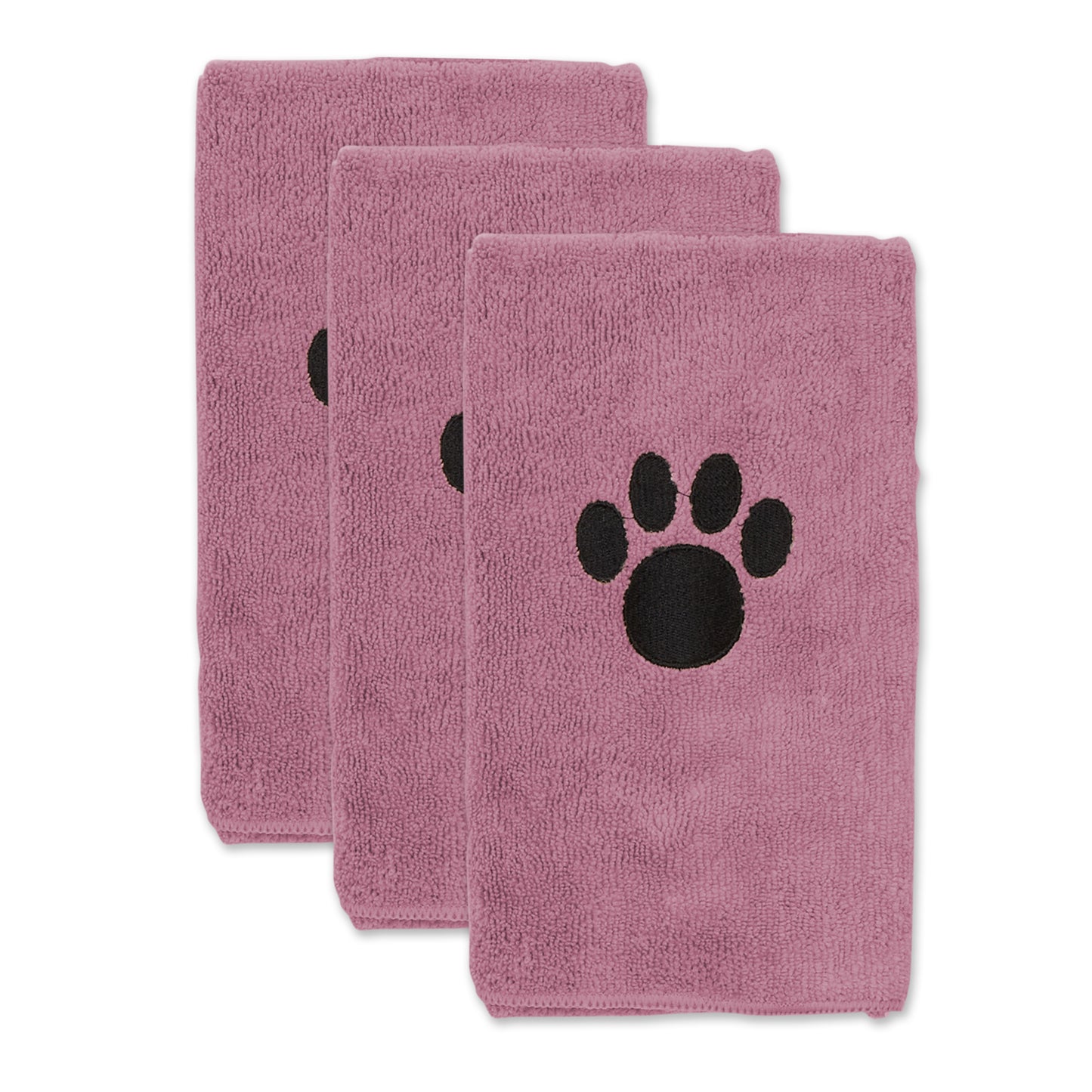 Bone Dry Small Pet Towel Set - 3 Pack - Embroidered Paw, Rose, 15x30"