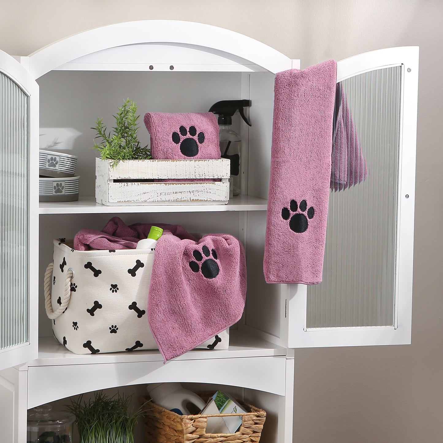 Bone Dry Small Pet Towel Set - 3 Pack - Embroidered Paw, Rose, 15x30"