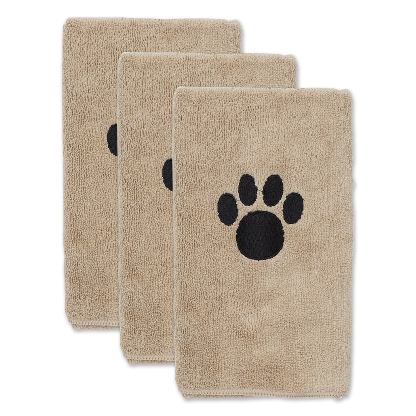 Bone Dry Small Pet Towel Set - 3 Pack - Embroidered Paw, Taupe, 15x30"