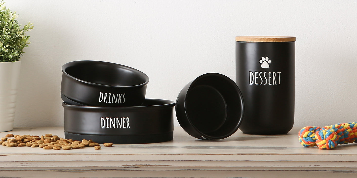Black Dinner Drinks & Dessert Pet Bowl Set/2, Small - 3/4 C. Capacity