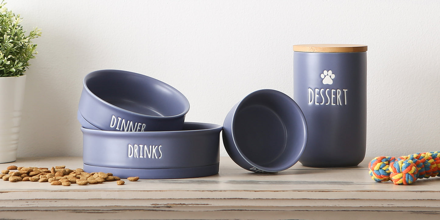 French Blue Dinner, Drinks & Dessert Pet Bowl Set/2, Medium - 1.5 C. Capacity