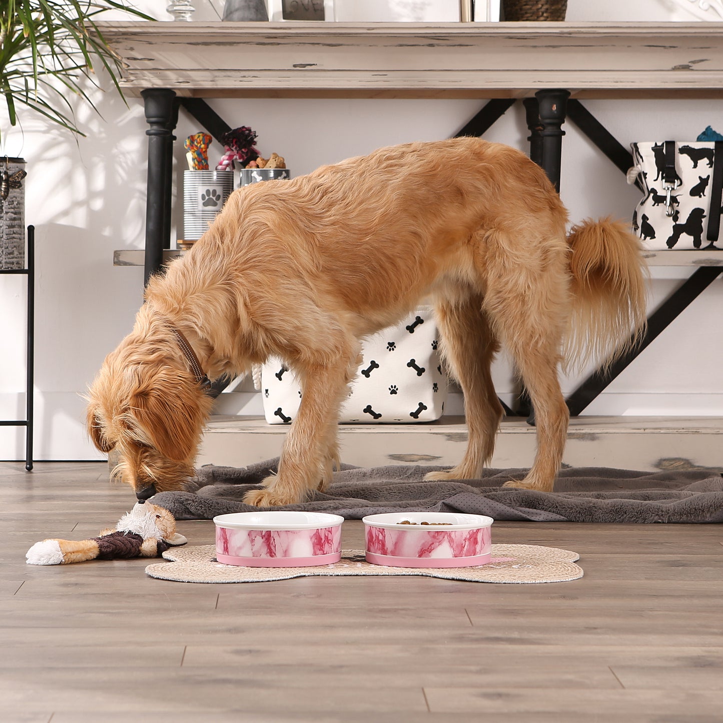Pink Marble Pet Bowl Set/2, Large 3.75 C. Capacity