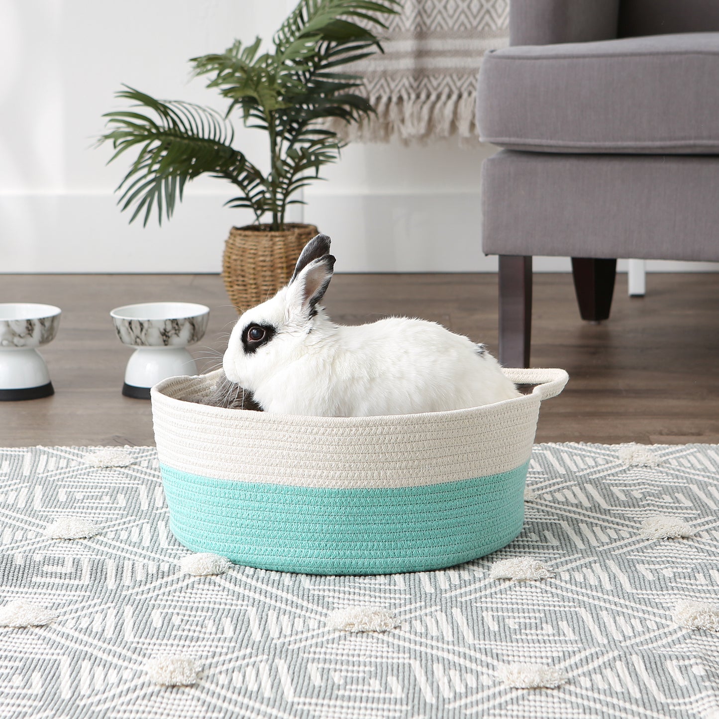 White & Aqua Cotton Rope Cat Ears Pet Basket