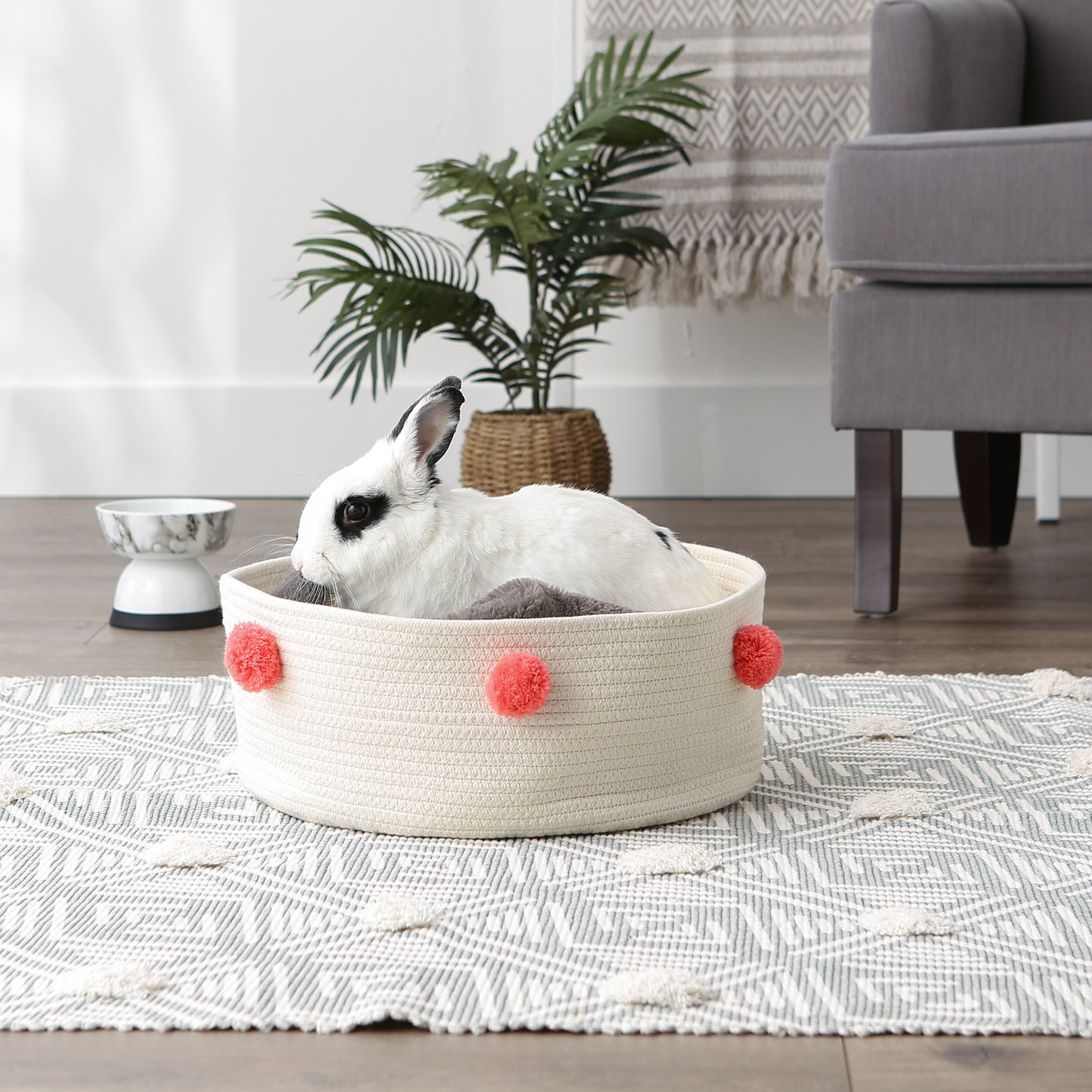Cotton Pet Storage Basket, Pom-Poms, White/Pink - 15.75x6.25"