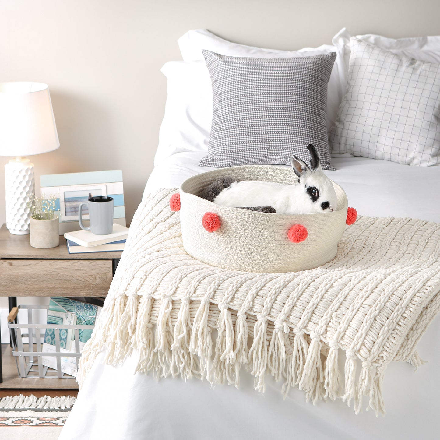 Cotton Pet Storage Basket, Pom-Poms, White/Pink - 15.75x6.25"