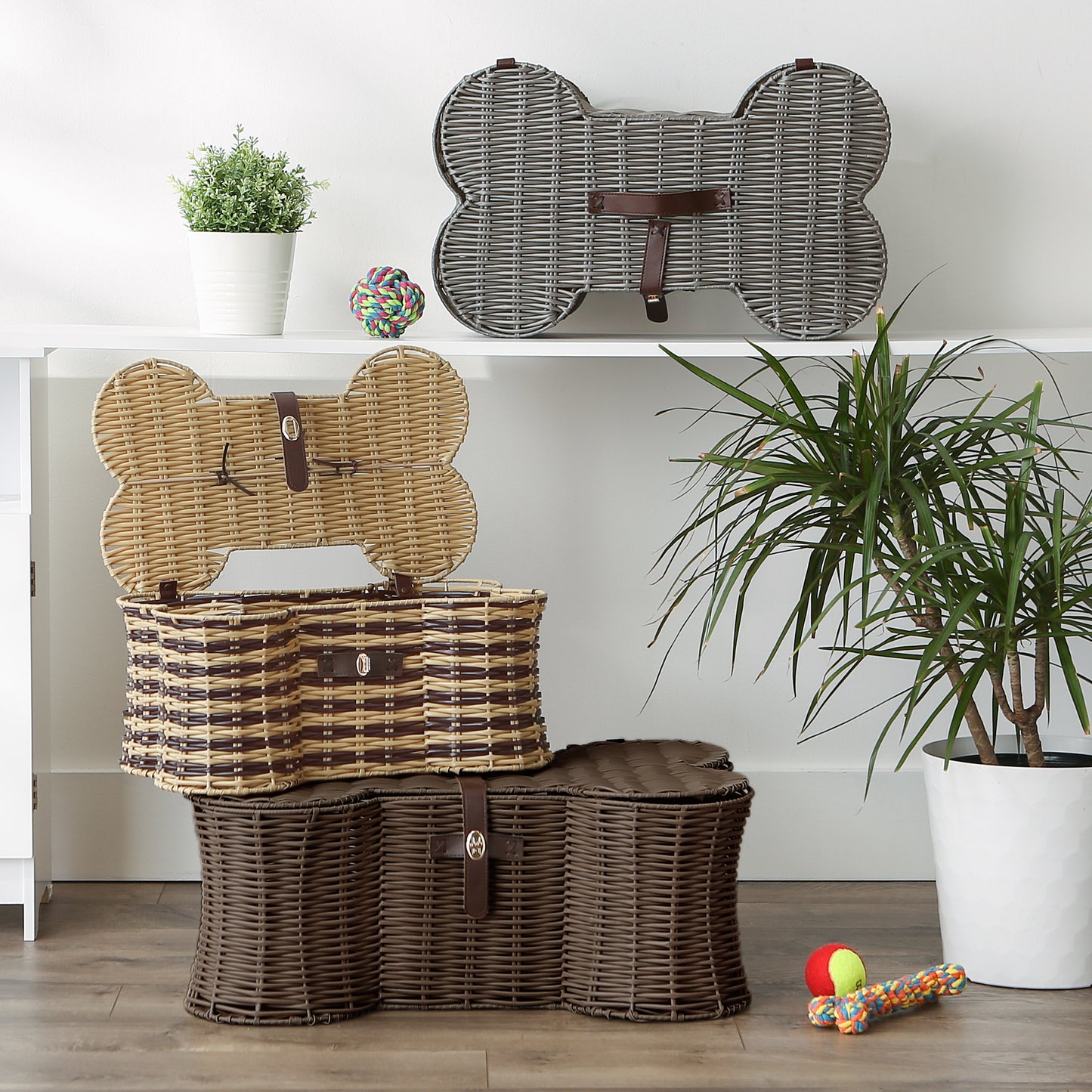 Bone Dry Pet Toy Storage Basket, Bone Shaped, Brown, Small - 17.5x11x7.5"