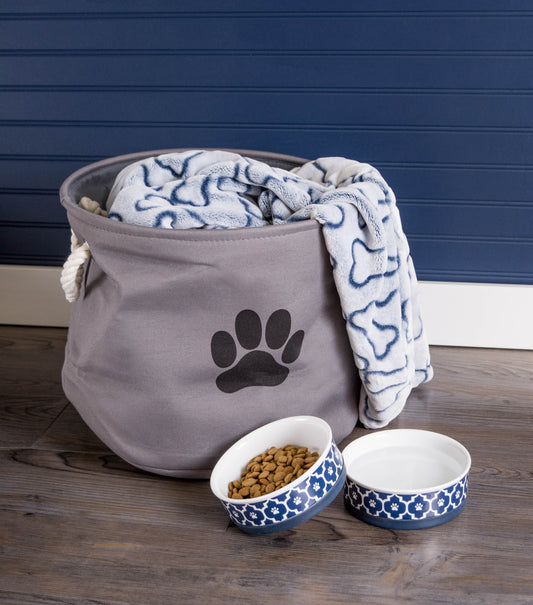 Bone Dry Collapsible Pet Storage Bin, Paw Print, Gray, Small Round - 12x9"