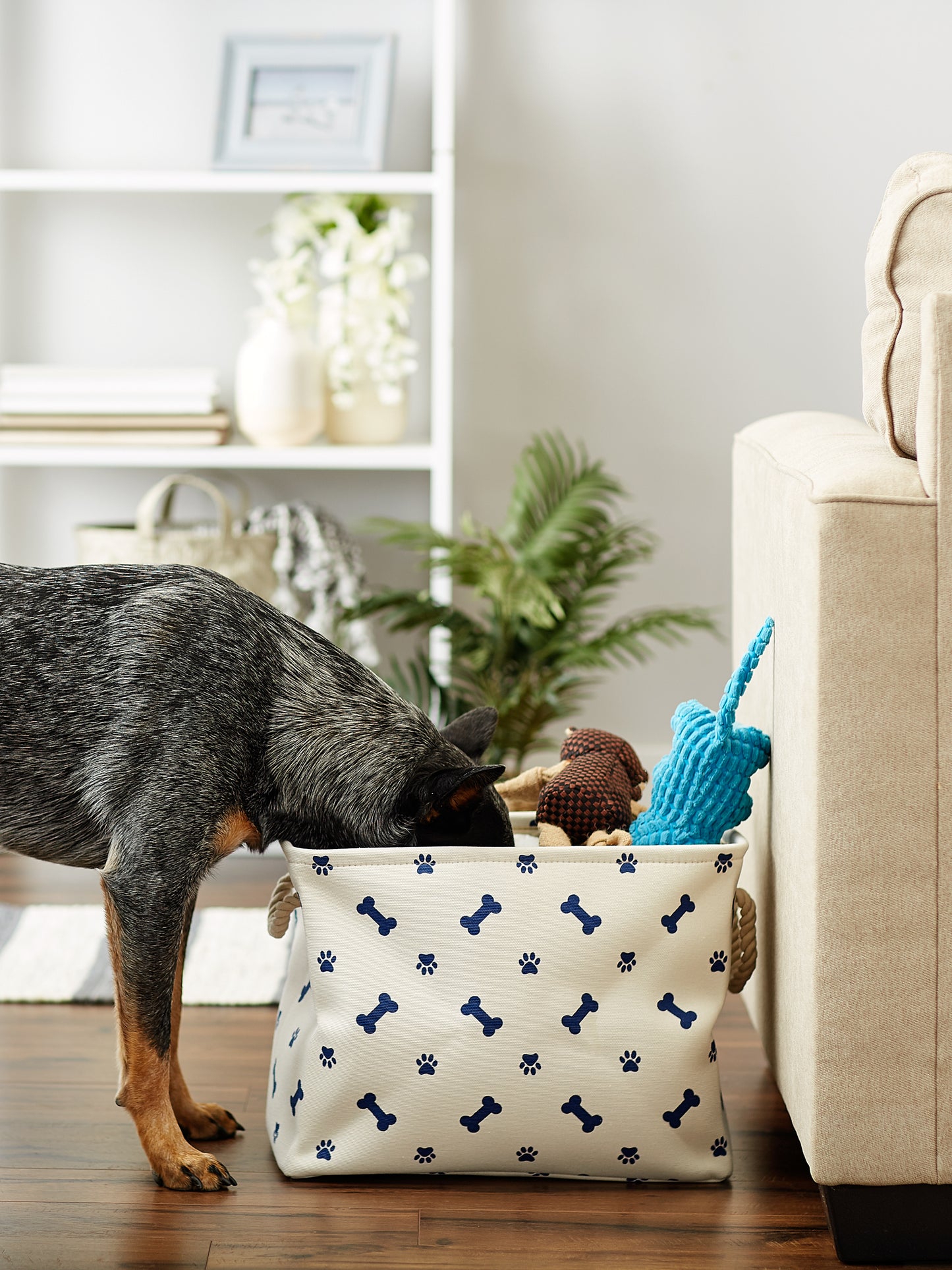 Bone Dry Collapsible Pet Storage Bin, Paw/Bone Print, Nautical Blue, Small - 14x8x9"