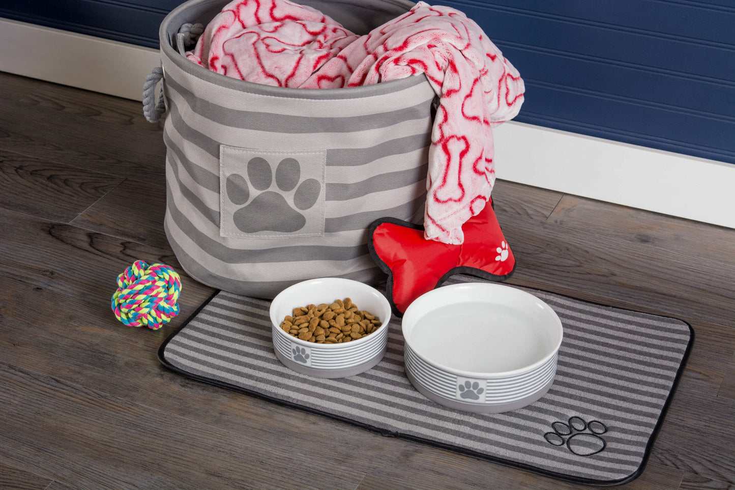 Bone Dry Pet Storage Bin, Striped Paw Patch, Gray, Small Round, 12x9"