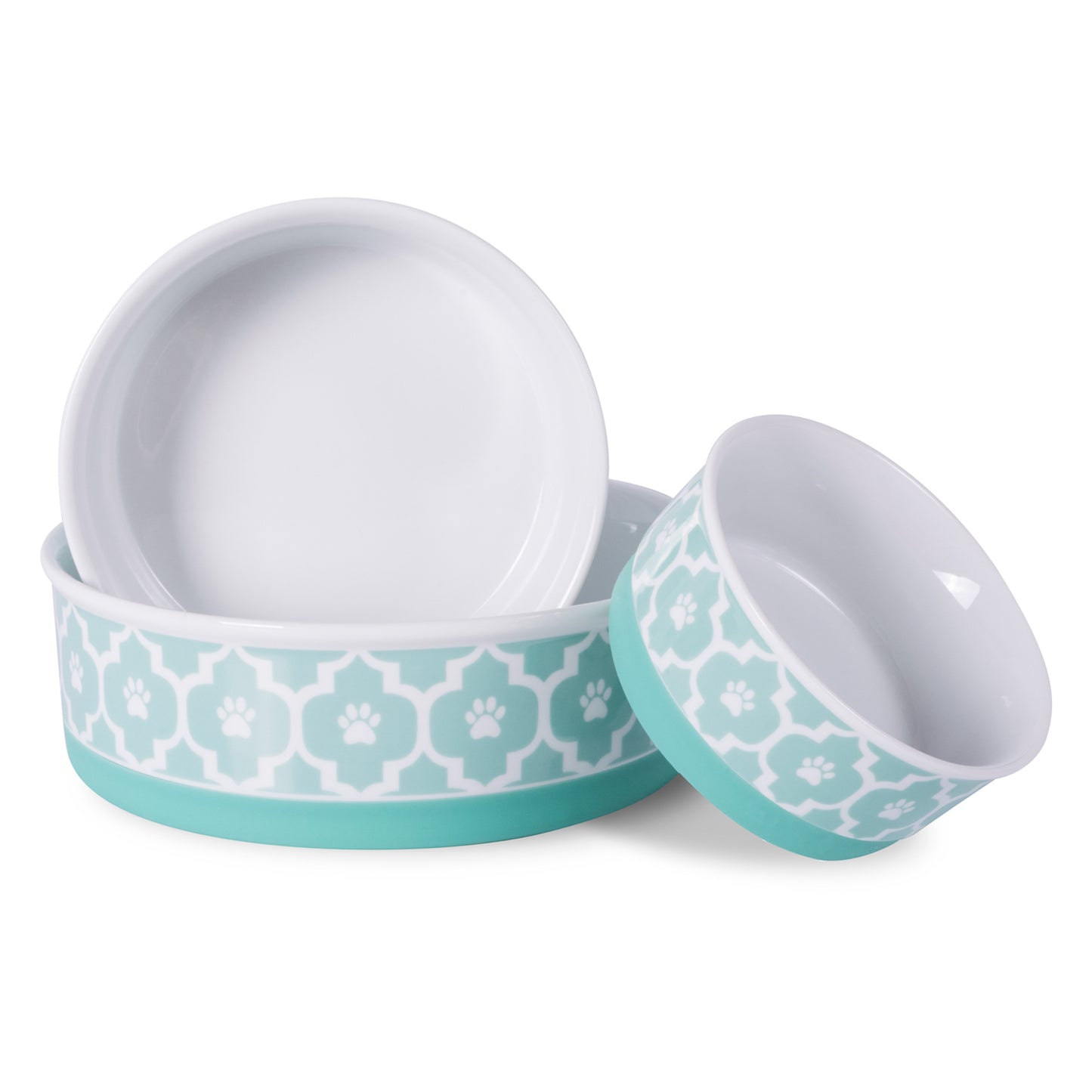 Aqua Lattice Paw Print Pet Bowl Set of 2, Large 3.75 C. Capacity