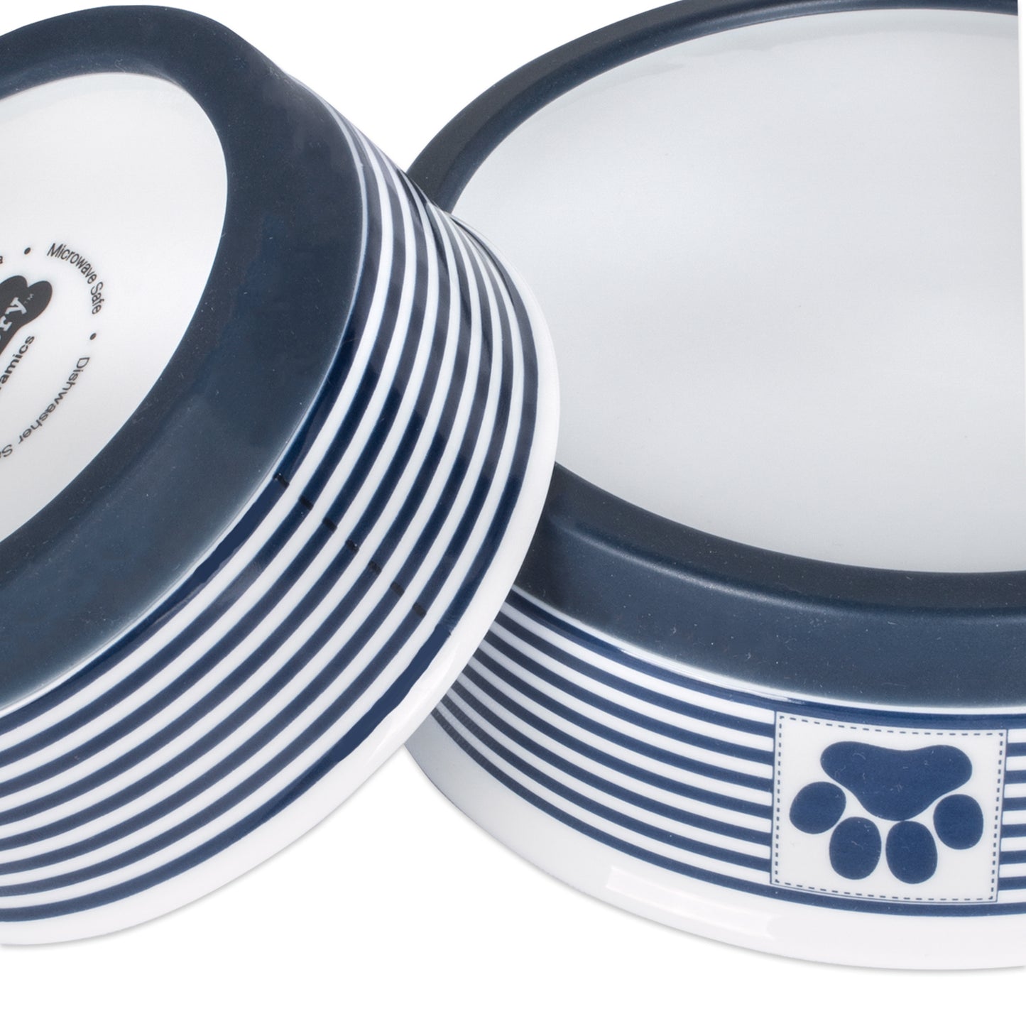Nautical Blue Striped Paw Patch Pet Bowl Set of 2, Small - 3/4 C Capacity