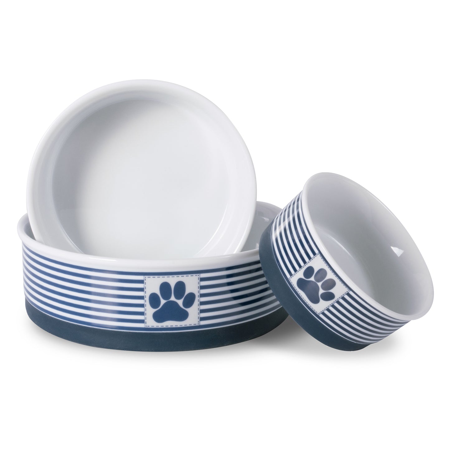 Nautical Blue Striped Paw Patch Pet Bowl Set of 2, Large 3.75 C. Capacity
