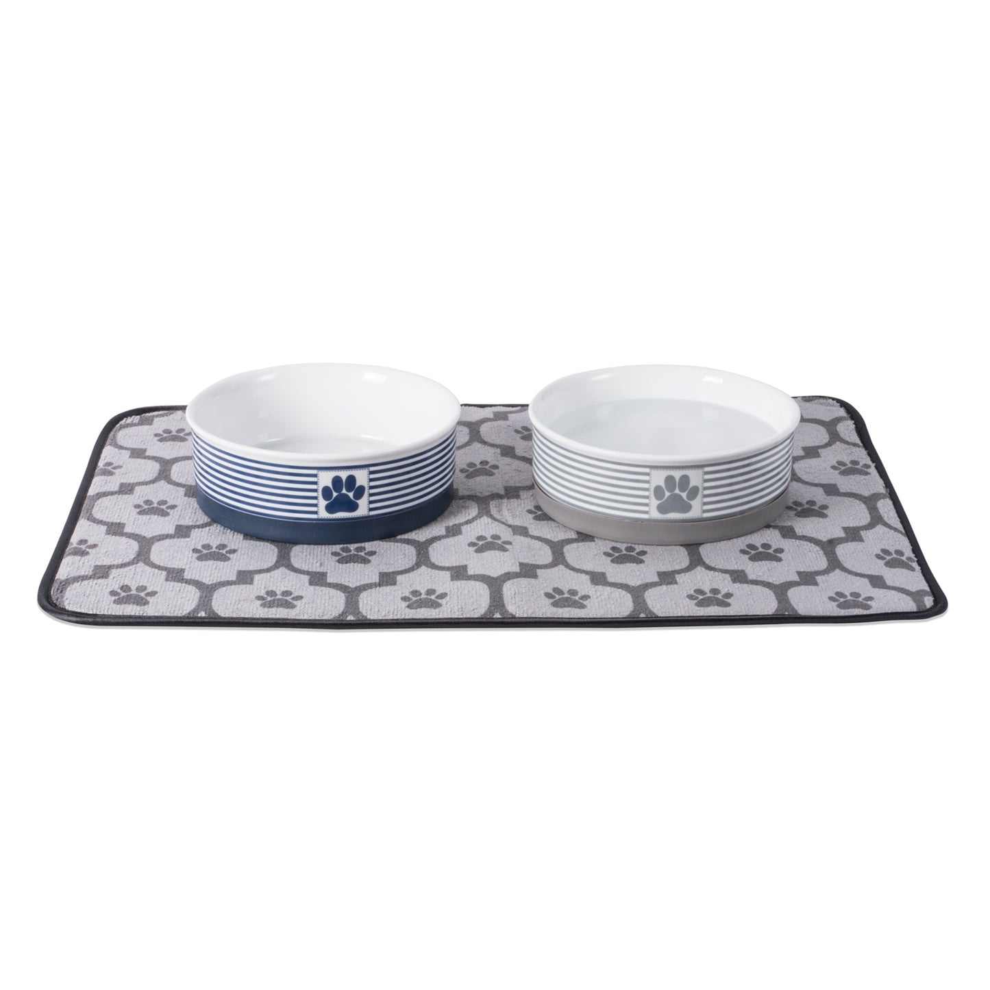 Gray Striped Paw Patch Pet Bowl Set of 2, Large 3.75 C. Capacity