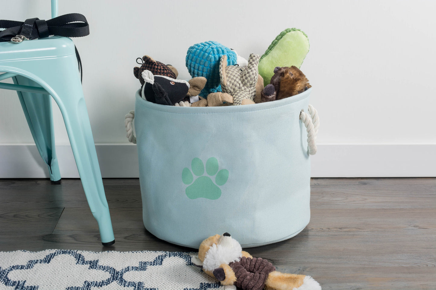 Collapsible Pet Storage Bin, Paw Print, Aqua, Medium Round - 15x12"