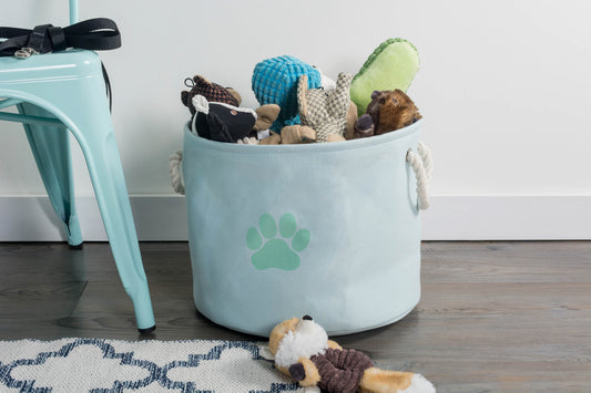 Bone Dry Collapsible Pet Storage Bin, Paw Print, Aqua, Small Round - 12x9"