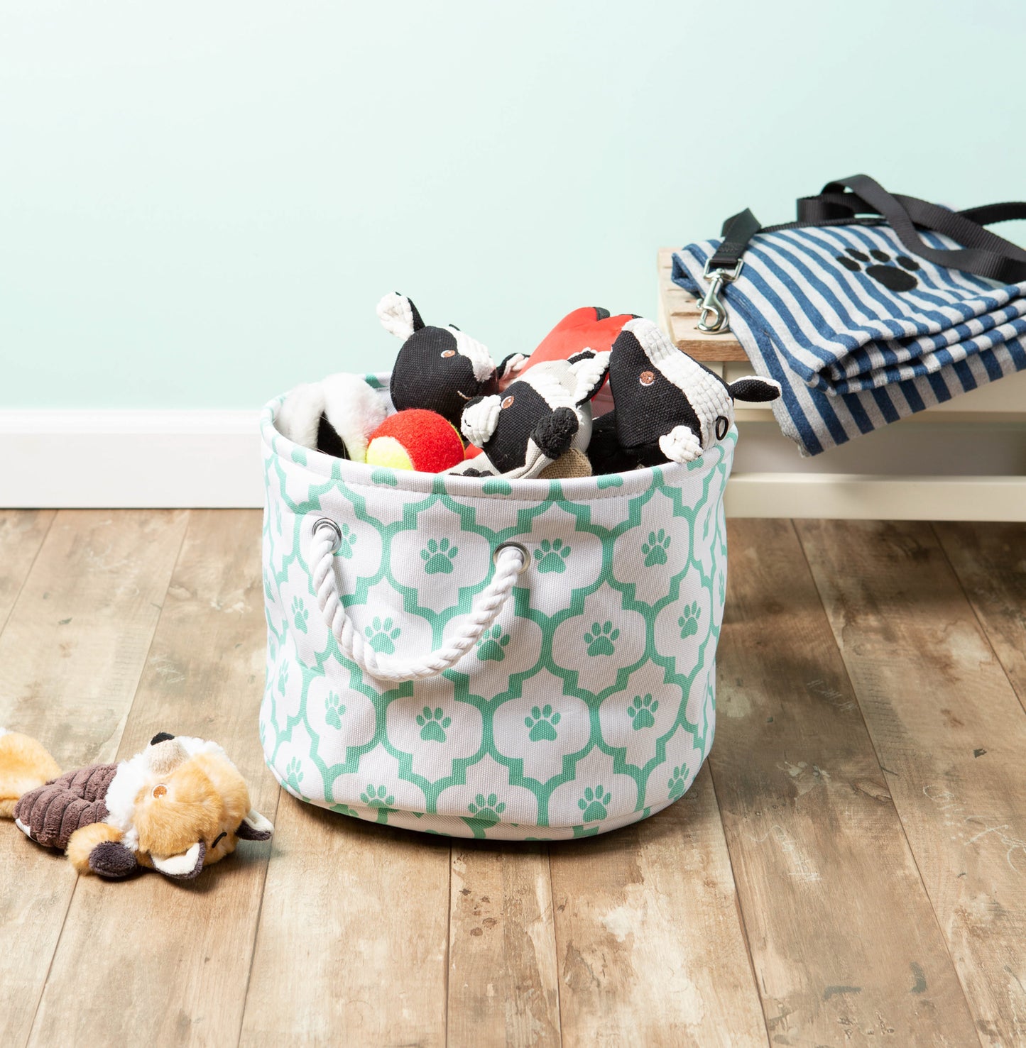 Polyester Pet Bin Paw Lattice Aqua Round Small 9X12X12