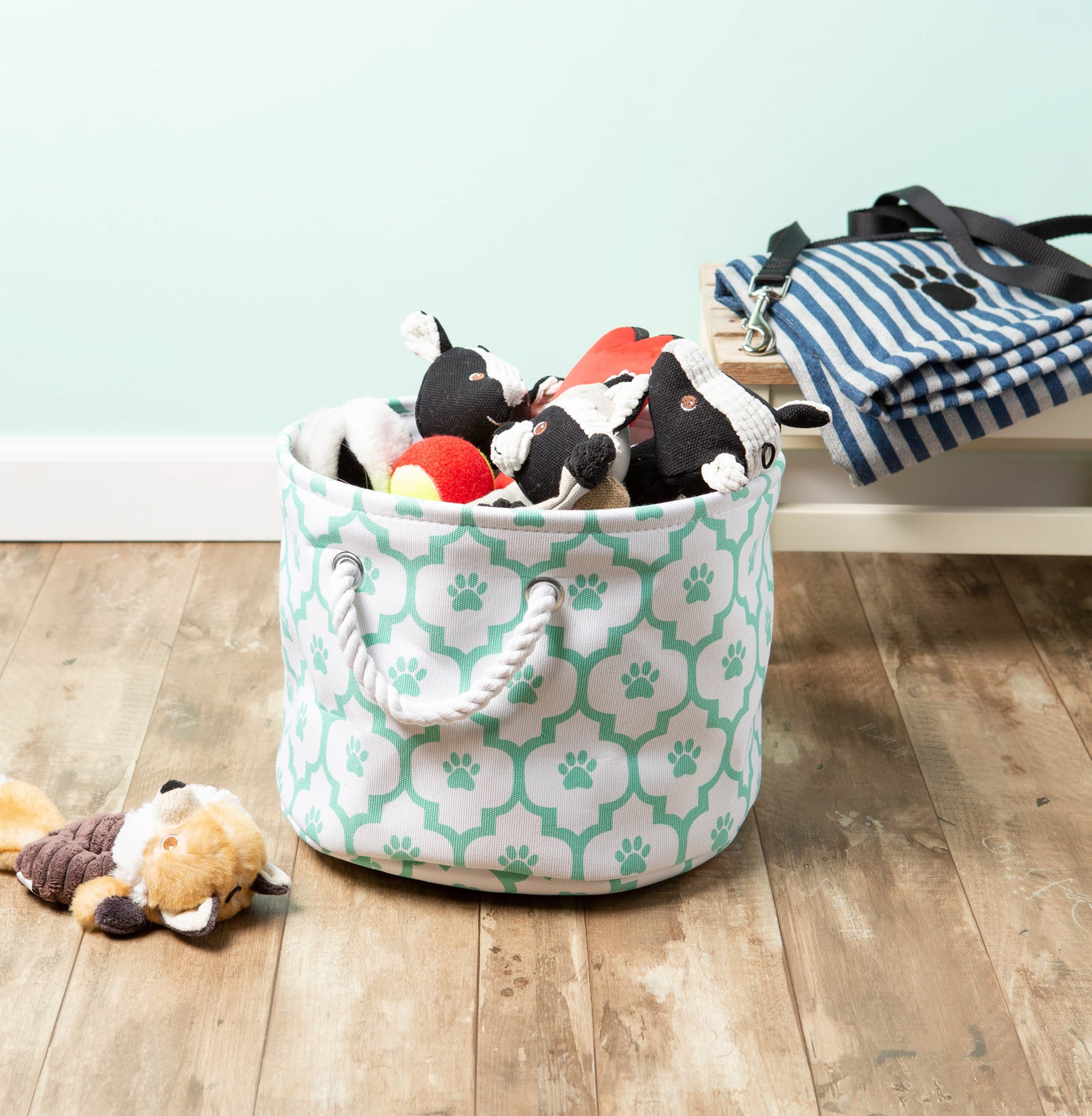 Polyester Pet Bin Paw Lattice Aqua Round Small 9X12X12