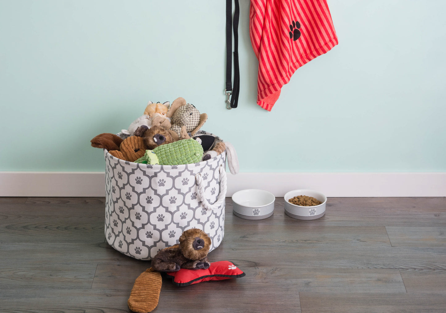 Bone Dry Pet Storage Bin, Lattice Paw Print, White/Gray, Small Round - 12x9"