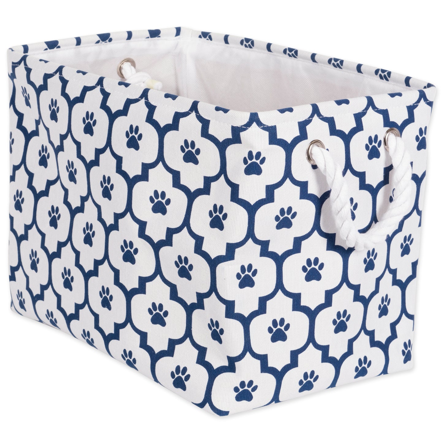 Bone Dry Pet Storage Bin, Lattice Paw Print, White/Navy, Small -14x8x9"
