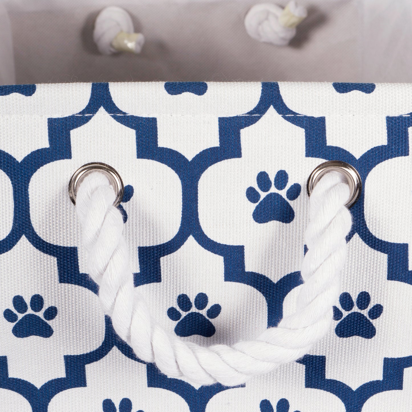 Bone Dry Pet Storage Bin, Lattice Paw Print, White/Navy, Small -14x8x9"