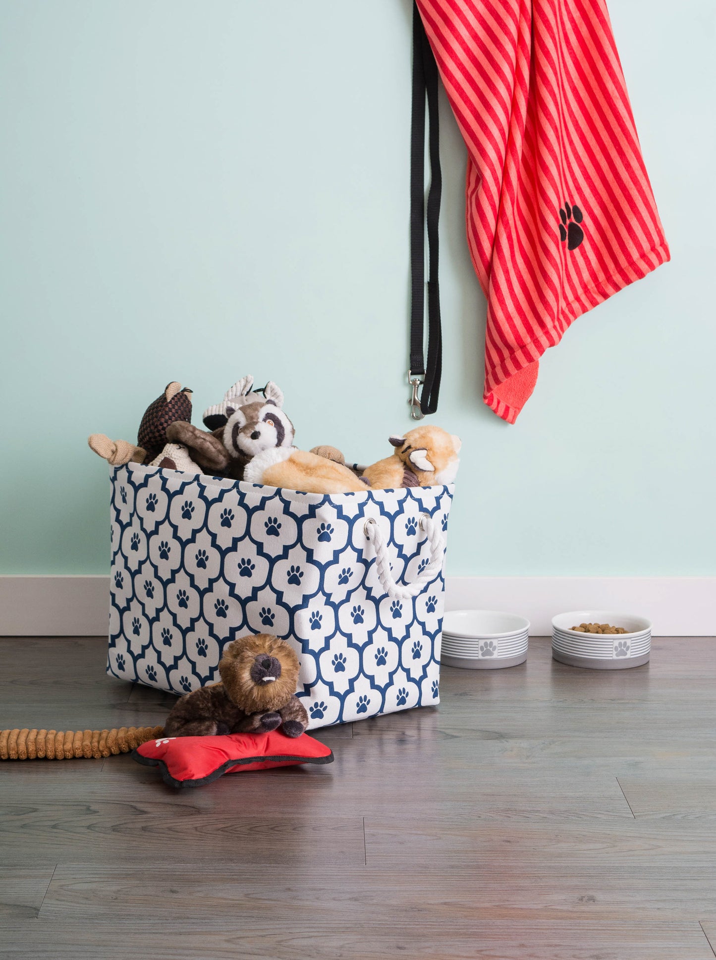 Polyester Pet Bin Paw Lattice Navy Rectangle Small 14X8X9