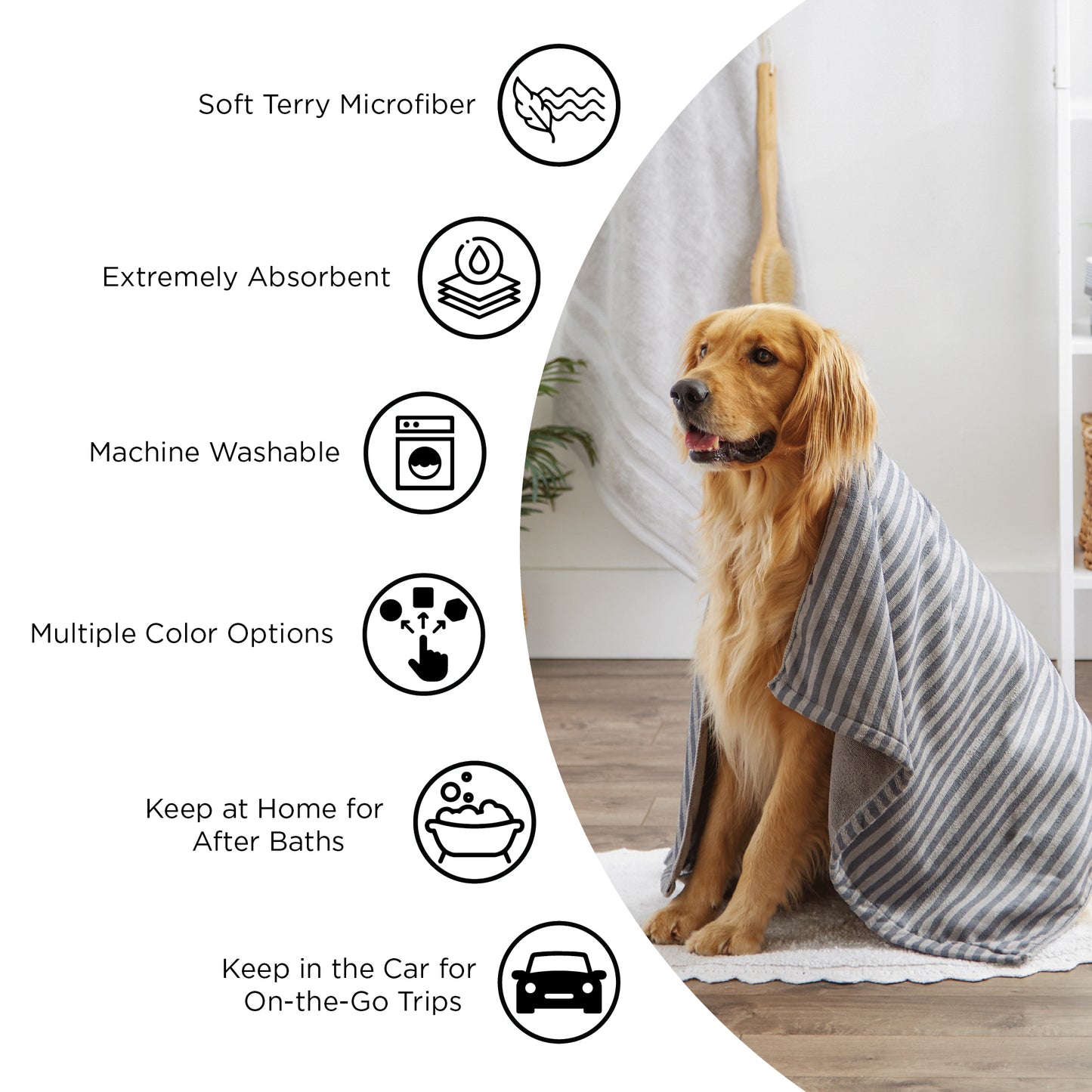 Bone Dry Large Pet Towel, Absorbent Microfiber, Black, 41x23.5"