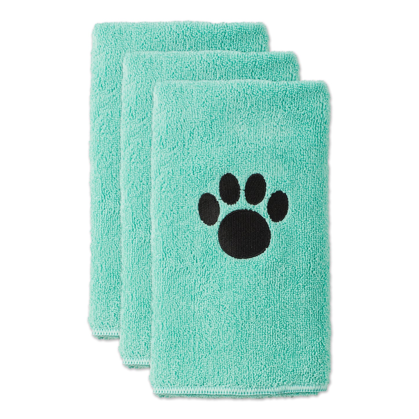 Bone Dry Small Pet Towel Set - 3 Pack - Embroidered Paw, Aqua, 15x30"