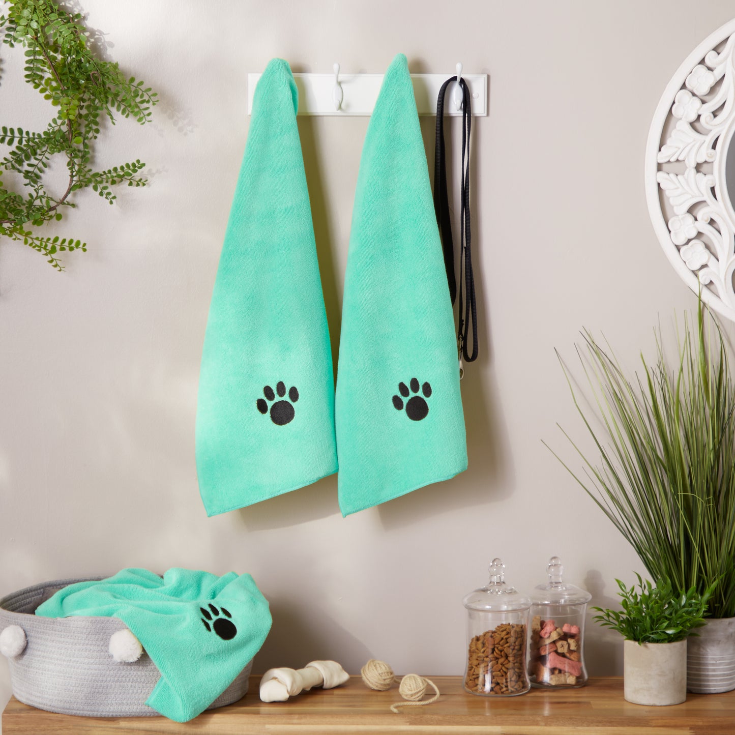 Bone Dry Small Pet Towel Set - 3 Pack - Embroidered Paw, Aqua, 15x30"