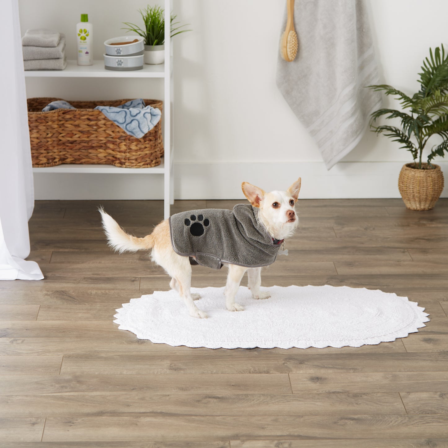 Bone Dry Terry Microfiber Pet Robe, Embroidered Paw Print - Gray - X-Small, up to 10 Lbs