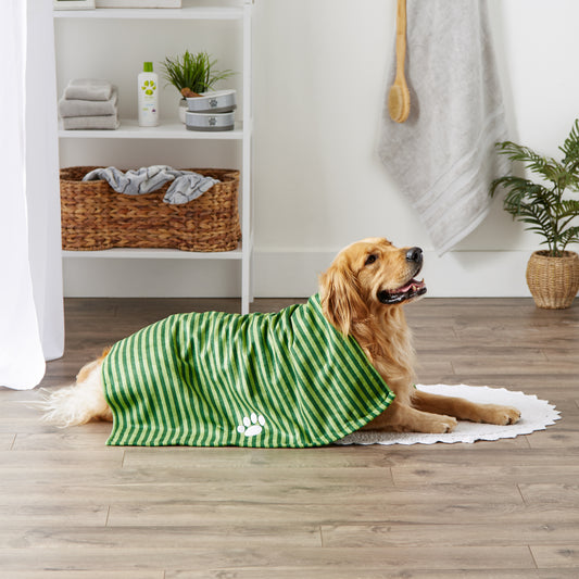 Bone Dry Stripe Pet Towel, Absorbent Microfiber, Hunter Green, Large - 41x23.5"