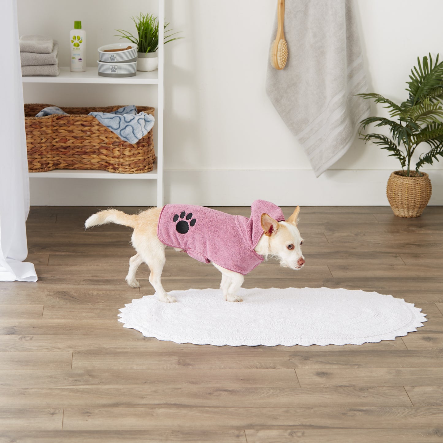 Bone Dry Terry Microfiber Pet Robe, Embroidered Paw Print - Rose - X-Small, up to 10 Lbs