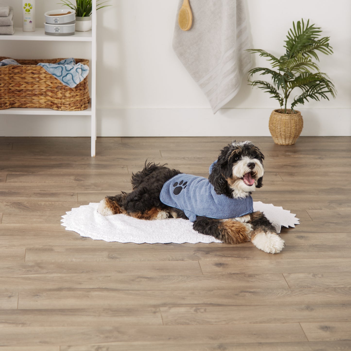 Bone Dry Terry Microfiber Pet Robe, Embroidered Paw Print - Stonewash Blue - Small, 10-20 lbs