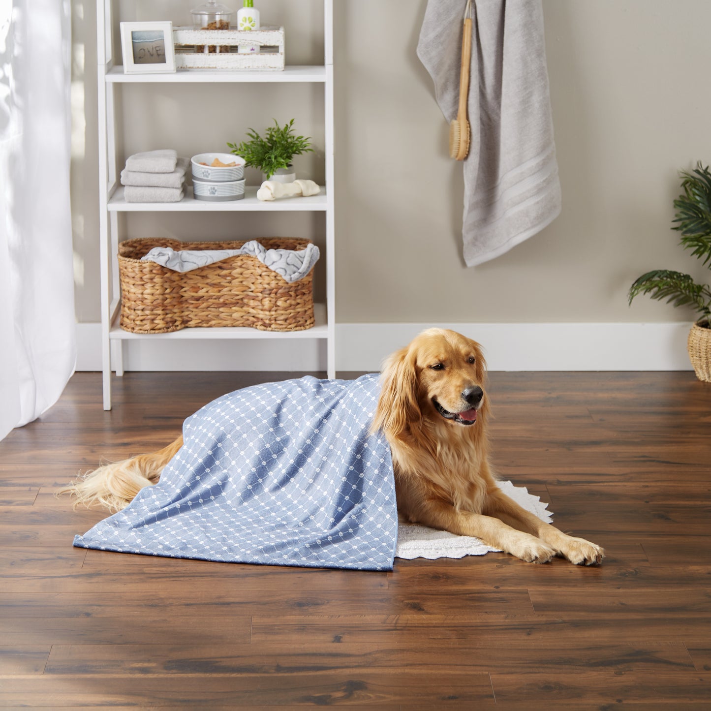 Bone Dry Large Microfiber Pet Towel - Printed Trellis, Stonewash Blue, 41x23.5"