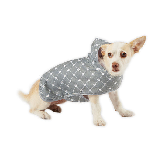 Microfiber Pet Robe, Trellis Paw Print - Gray - X- Small - up to 10 Lbs