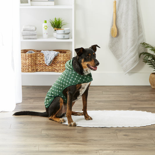 Bone Dry Microfiber Pet Robe, Trellis Paw Print - Hunter Green - Medium, 20-35 Lbs