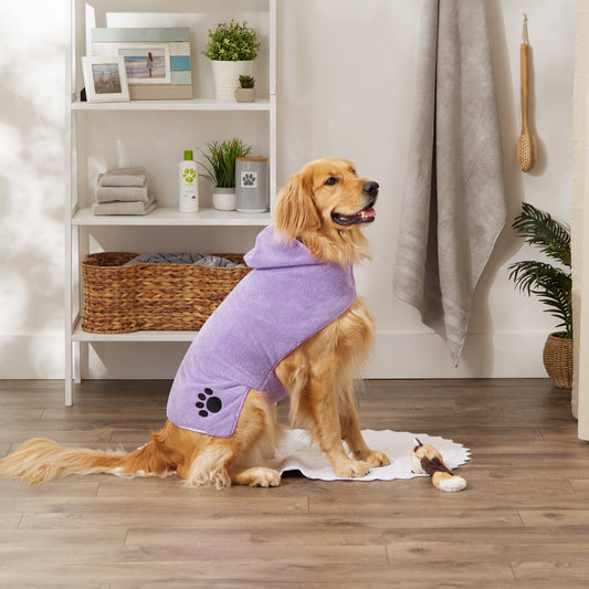 Bone Dry Terry Microfiber Pet Robe, Embroidered Paw Print - Lavender - Large, 35-50 lbs