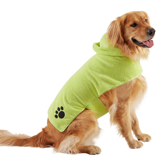 Bone Dry Terry Microfiber Pet Robe, Embroidered Paw Print - Lettuce Green - Large, 35-50 lbs