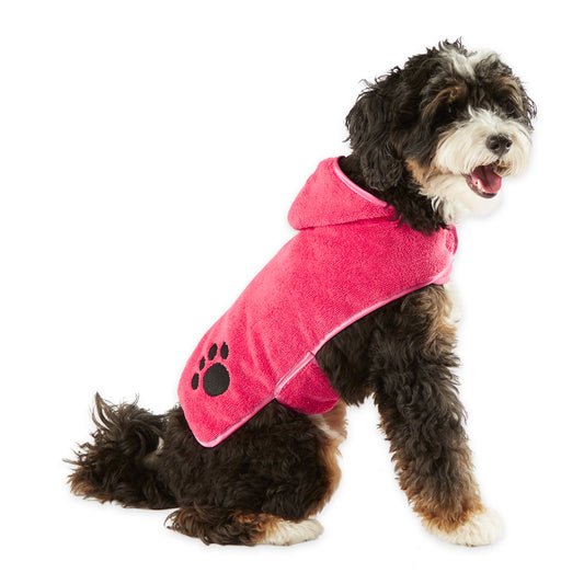 Bone Dry Terry Microfiber Pet Robe, Embroidered Paw Print - Rasberry Sorbet - Small, 10-20 lbs