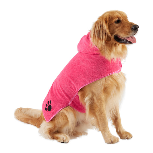 Bone Dry Terry Microfiber Pet Robe, Embroidered Paw Print - Rasberry Sorbet - Large, 35-50 lbs