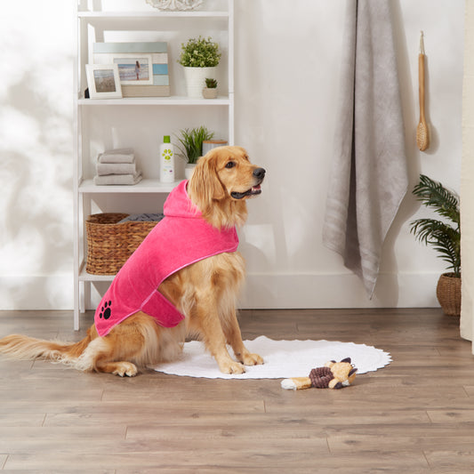 Bone Dry Terry Microfiber Pet Robe, Embroidered Paw Print - Rasberry Sorbet - Large, 35-50 lbs