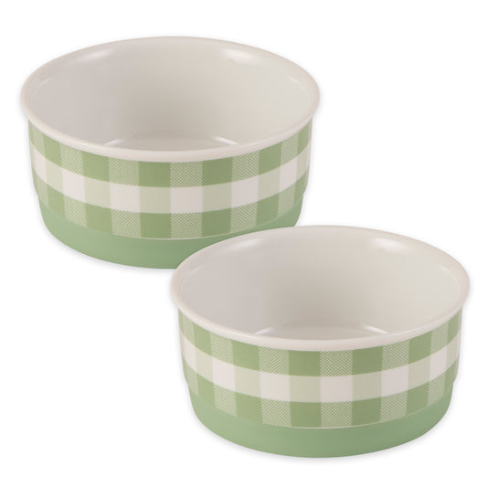 Desert Sage Petite Check Pet Bowl Set/2, Small - 3/4 C Capacity