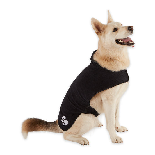 Bone Dry Terry Microfiber Pet Robe, Embroidered Paw Print - Black - Large, 35-50 lbs