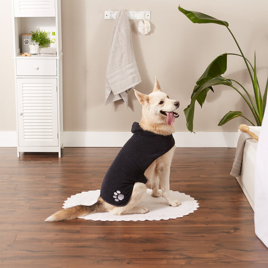 Bone Dry Terry Microfiber Pet Robe, Embroidered Paw Print - Black - Large, 35-50 lbs