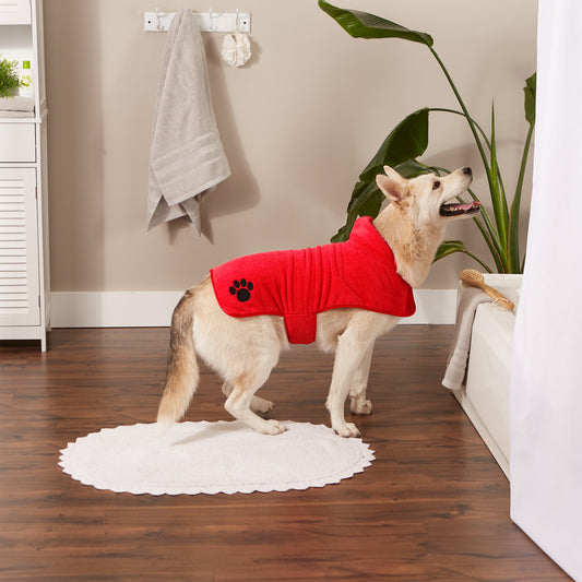 Bone Dry Terry Microfiber Pet Robe, Embroidered Paw Print - Red - Large, 35-50 lbs