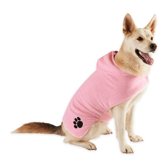 Bone Dry Terry Microfiber Pet Robe, Embroidered Paw Print - Pink - Large, 35-50 lbs