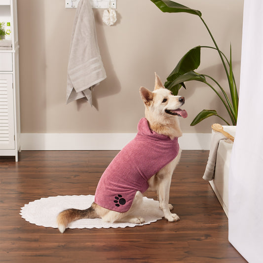 Bone Dry Terry Microfiber Pet Robe, Embroidered Paw Print - Rose - Large, 35-50 lbs