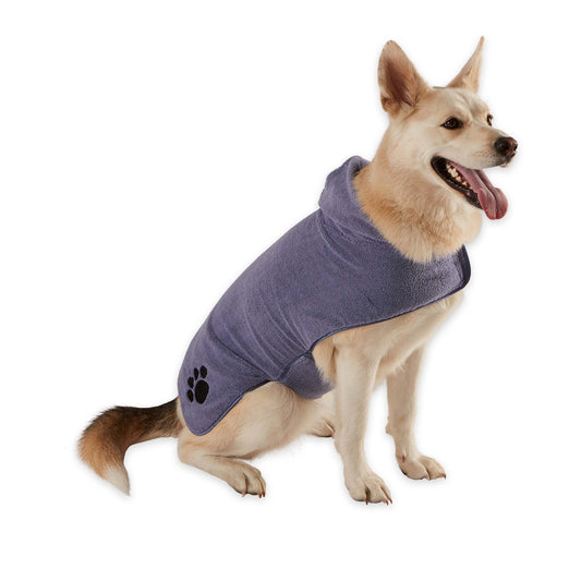 Bone Dry Terry Microfiber Pet Robe, Embroidered Paw Print - Stonewash Blue - Large, 35-50 lbs