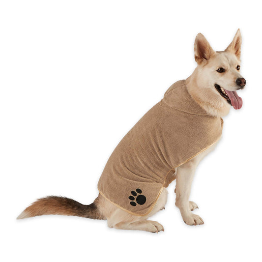 Bone Dry Terry Microfiber Pet Robe, Embroidered Paw Print - Taupe - Large, 35-50 lbs